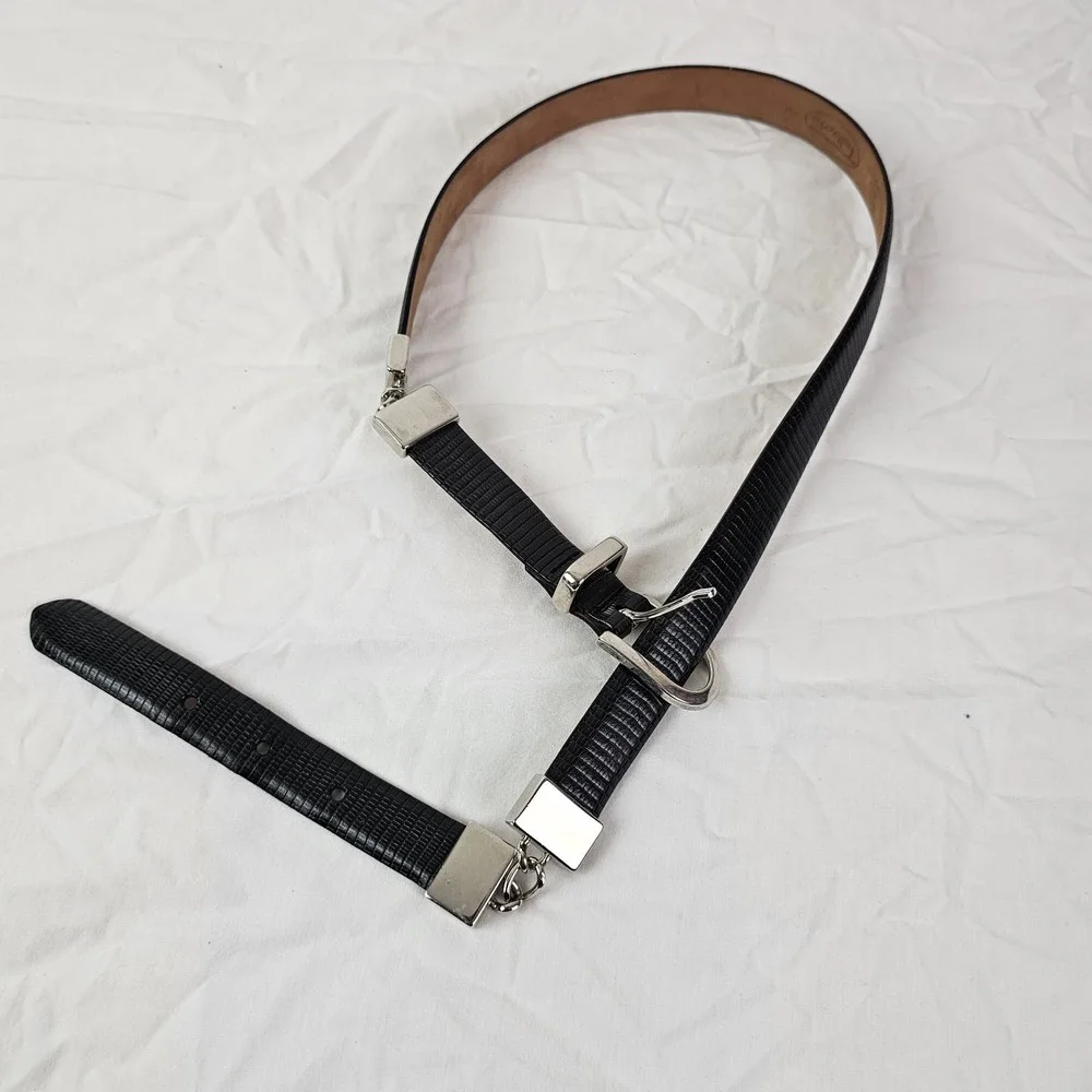 Talbots Leather Belt Italy Medium 32-34 Snake Snakeskin Print Skinny Black Chain